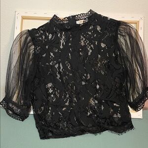 Women's Black Lace Blouse with Sheer Puff Sleeves